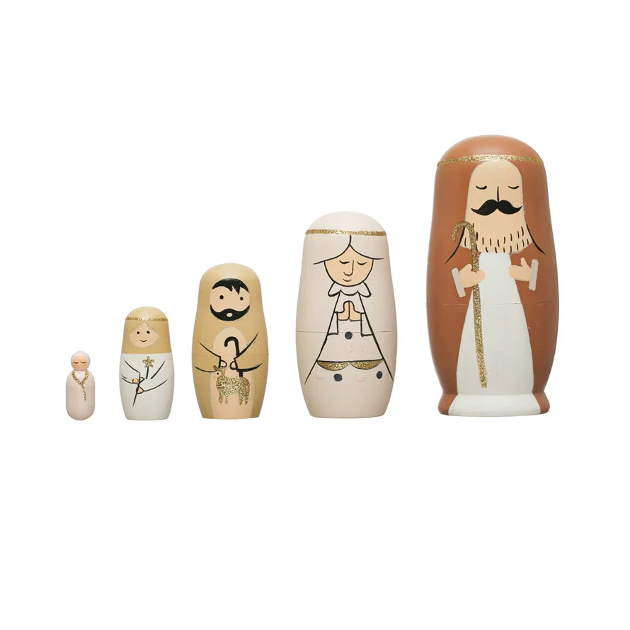 Hand-Painted Wood Nativity Nesting Dolls, Multi Color, Set of 5