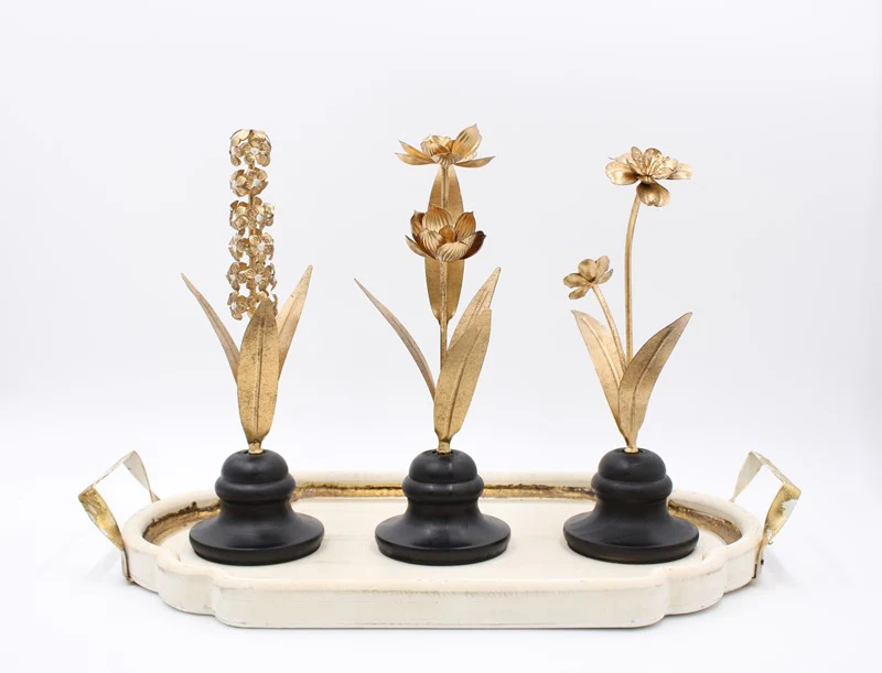 12" Metal Flower Finials on Black Wood Stand, 3 styles