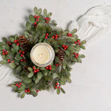 16" SNOWY HOLLY CANDLE RING W/ PINE & BERRIES & CONES