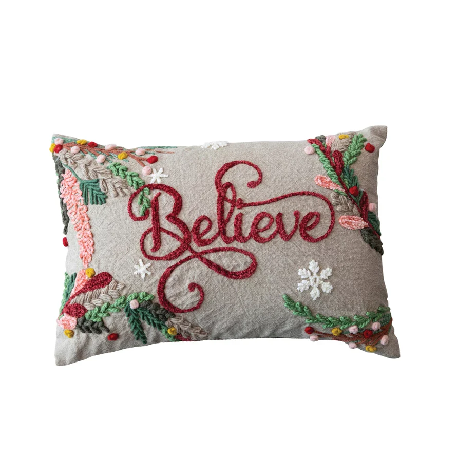 Cotton Chambray Embroidered Lumbar Pillow w/ Snowflakes & Foliage "Believe"