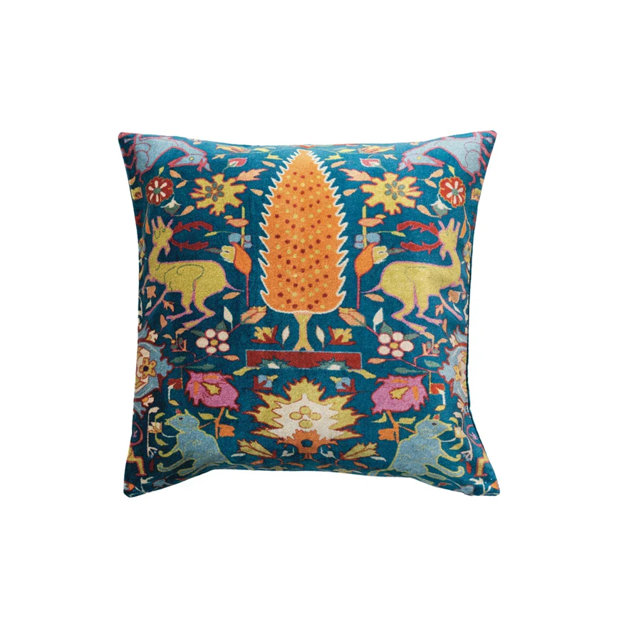 Cotton Blend Velvet Pillow w Woodland Pattern