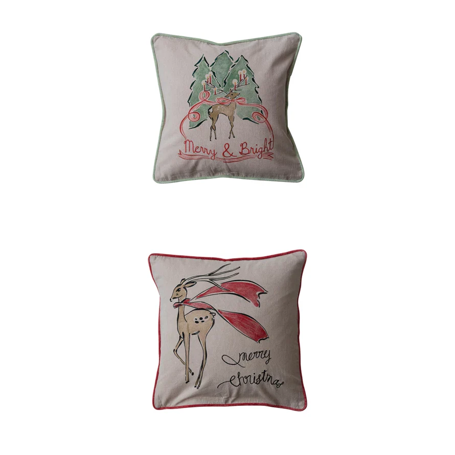 20" Square Cotton Chambray Printed Pillow w/ Velvet Piping & Back, 2 Styles ©