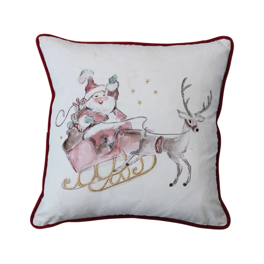 20" Square Cotton Printed Pillow w/ Embroidery & Burgundy Velvet Piping & Back