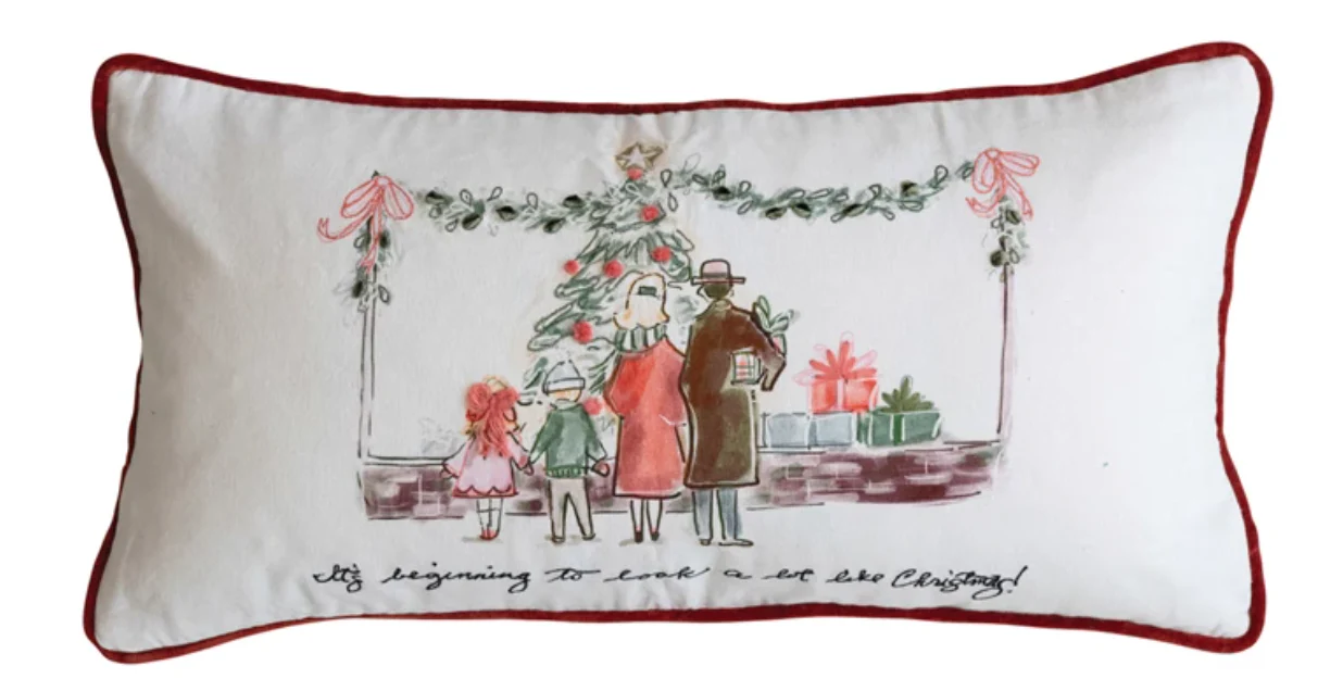 24"L x 12"H Cotton Printed Lumbar Pillow w/ Family, Piping & Velvet Back ©