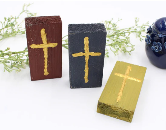 2x4" Wood Block with Handpainted Cross, 3 Assorted Colors ,Sold Separately