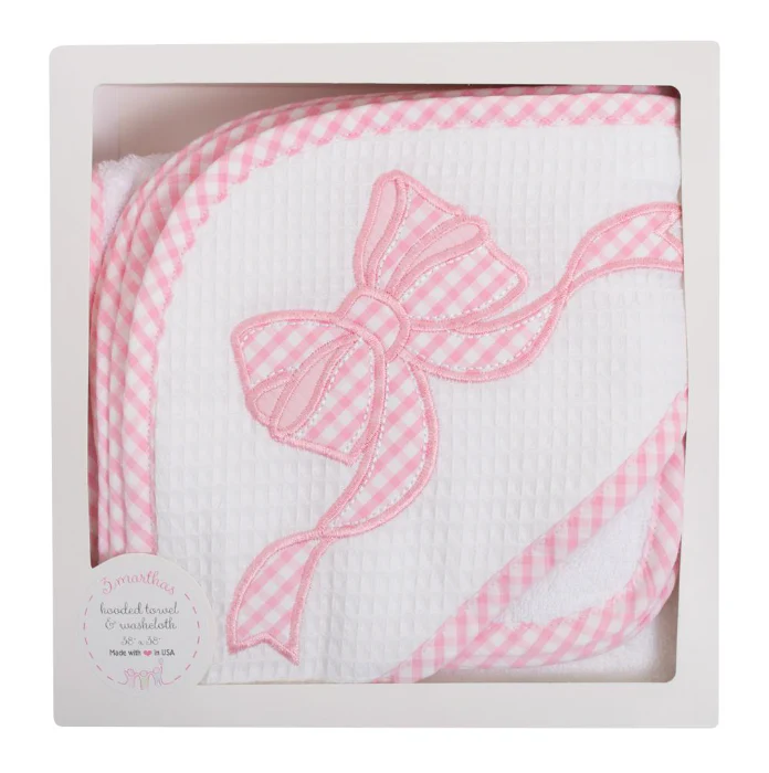 Bow Applique Hooded Towel & Washcloth Set, Pink