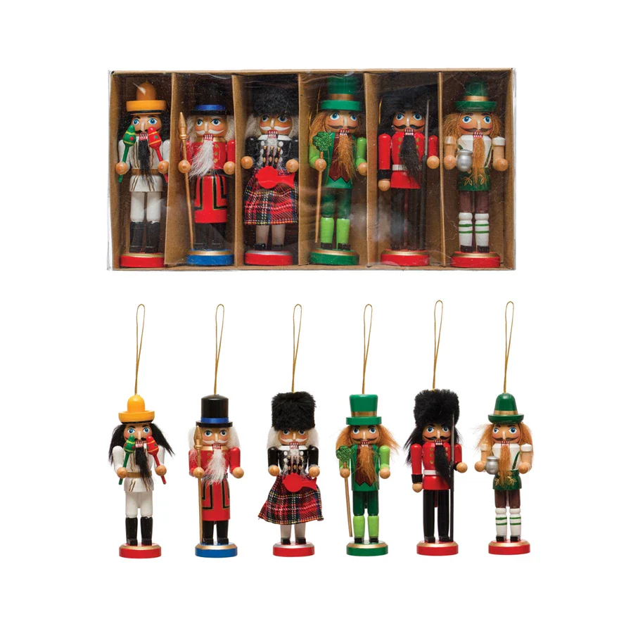 Pine Wood Nutcracker Ornaments, Multi Color, Boxed Set of 6