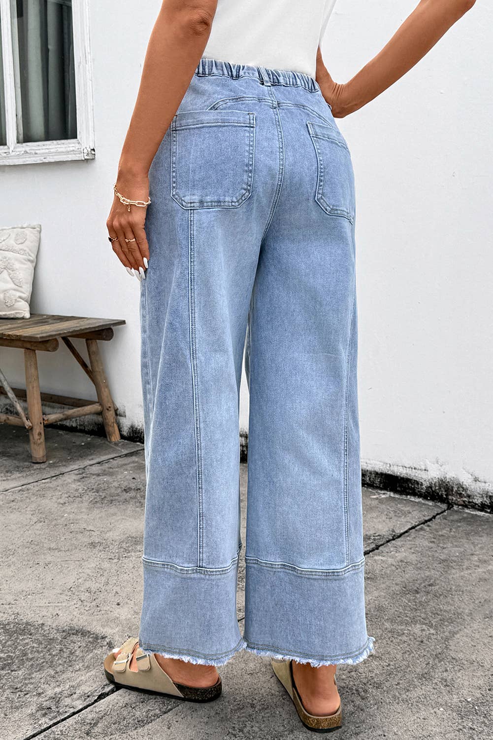 Aapparella - Seam Detail Raw Hem Wide Leg Drawstring Jeans | 4-16: Beau Blue / 16 - Image 2