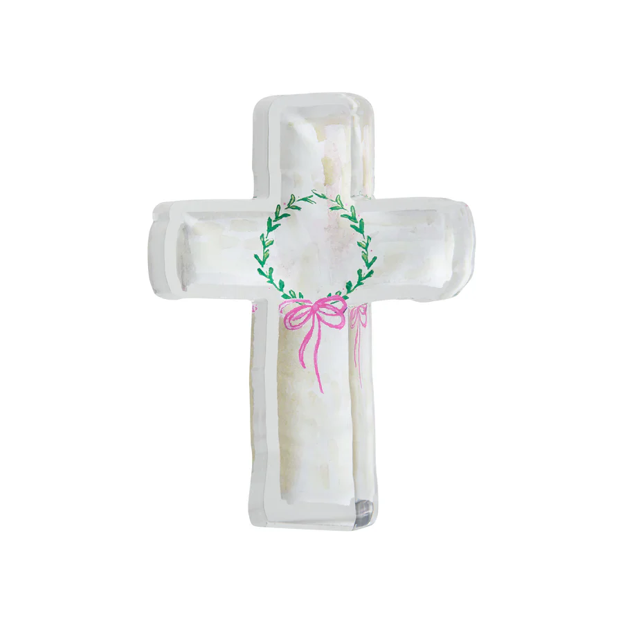 Acrylic Cross with pink bow 6x4.5x1.25"
