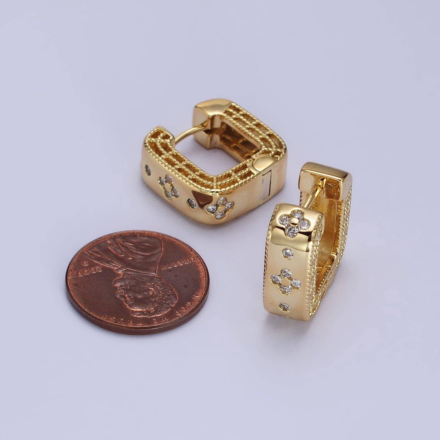 Aim Eternal - 24K Gold Filled Clear Quatrefoil CZ Square Huggies Earrings | AB196 - Image 4