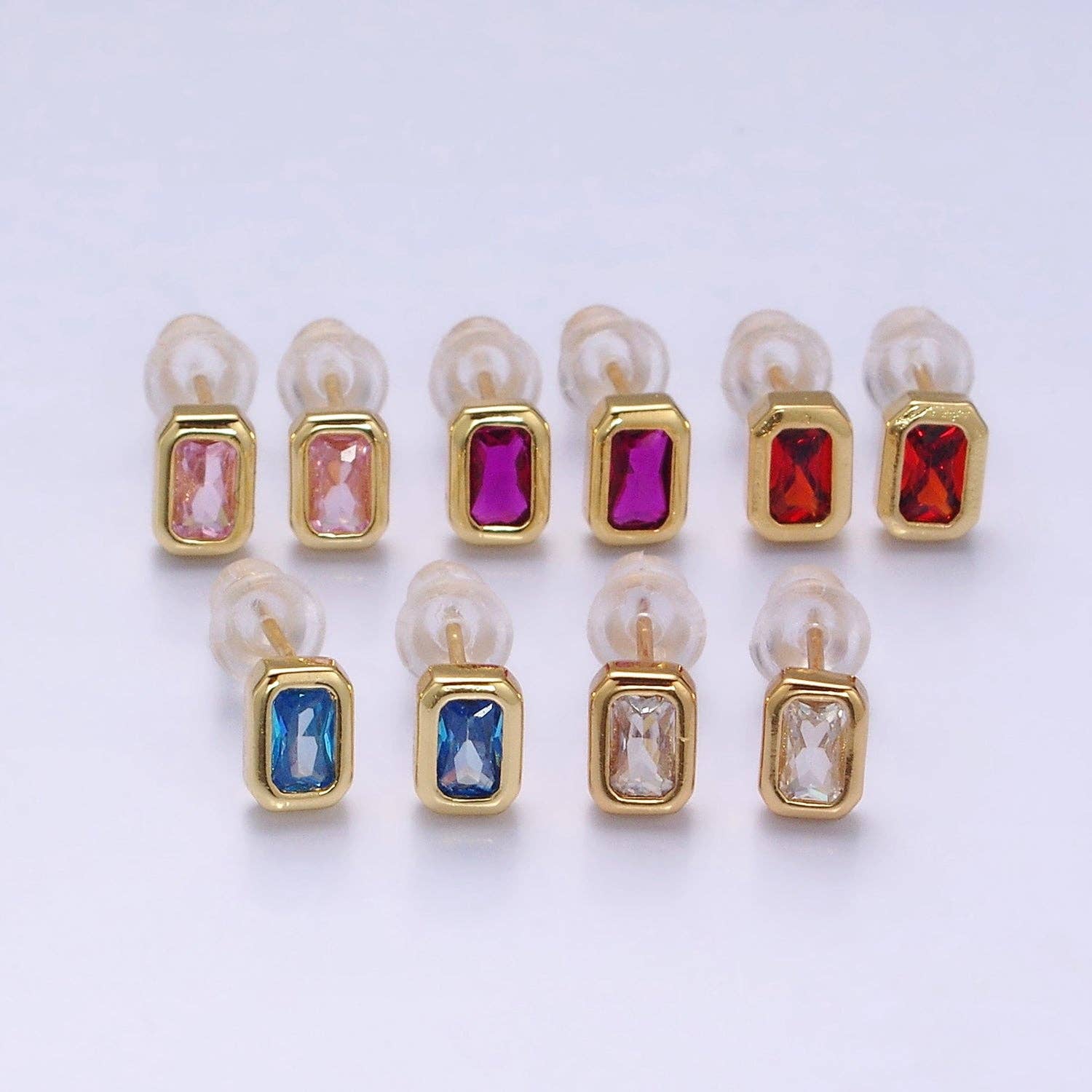 Aim Eternal - Gold Filled Colorful Multifaceted Baguette CZ Stud Earrings: Clear - Image 2