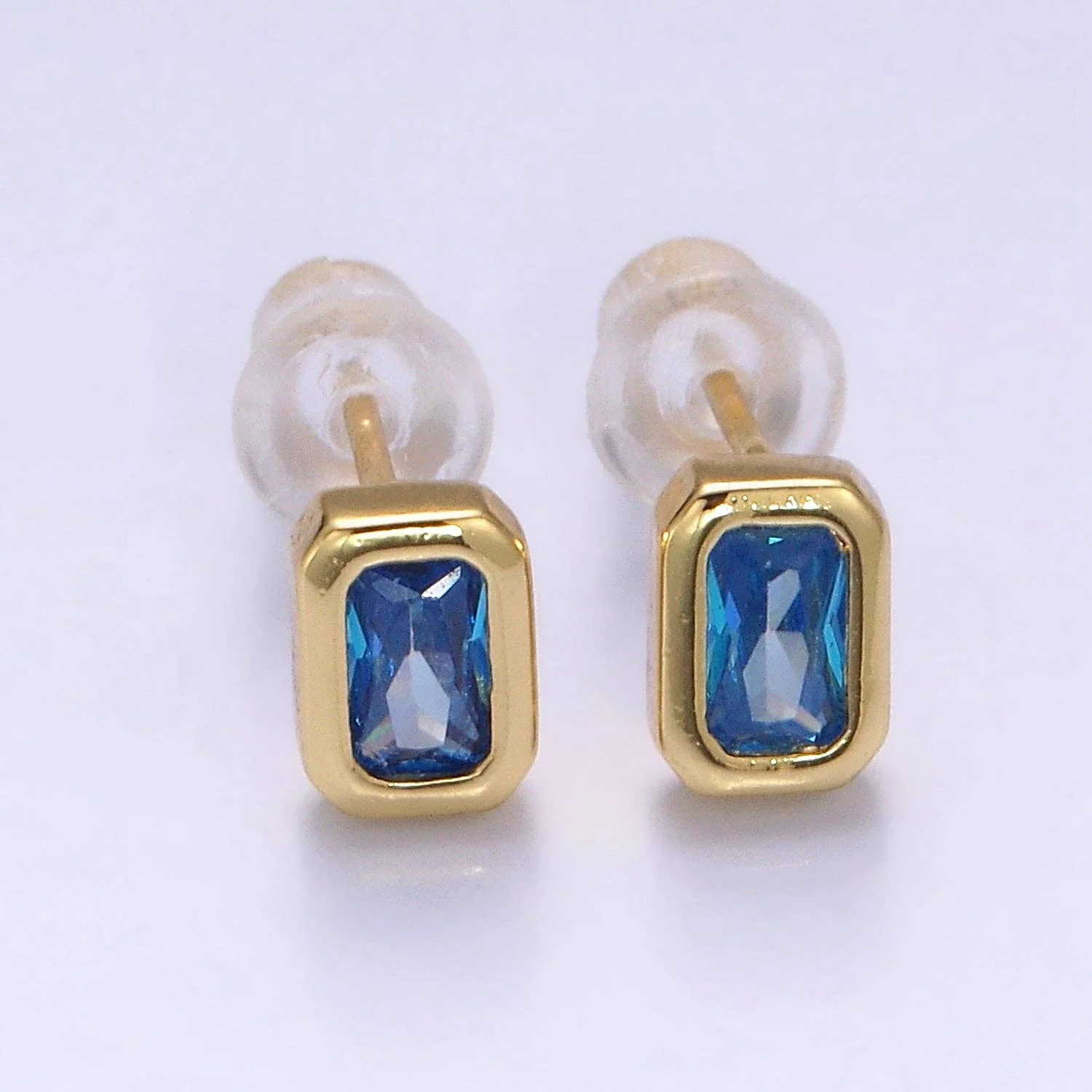Aim Eternal - Gold Filled Colorful Multifaceted Baguette CZ Stud Earrings: Clear - Image 4