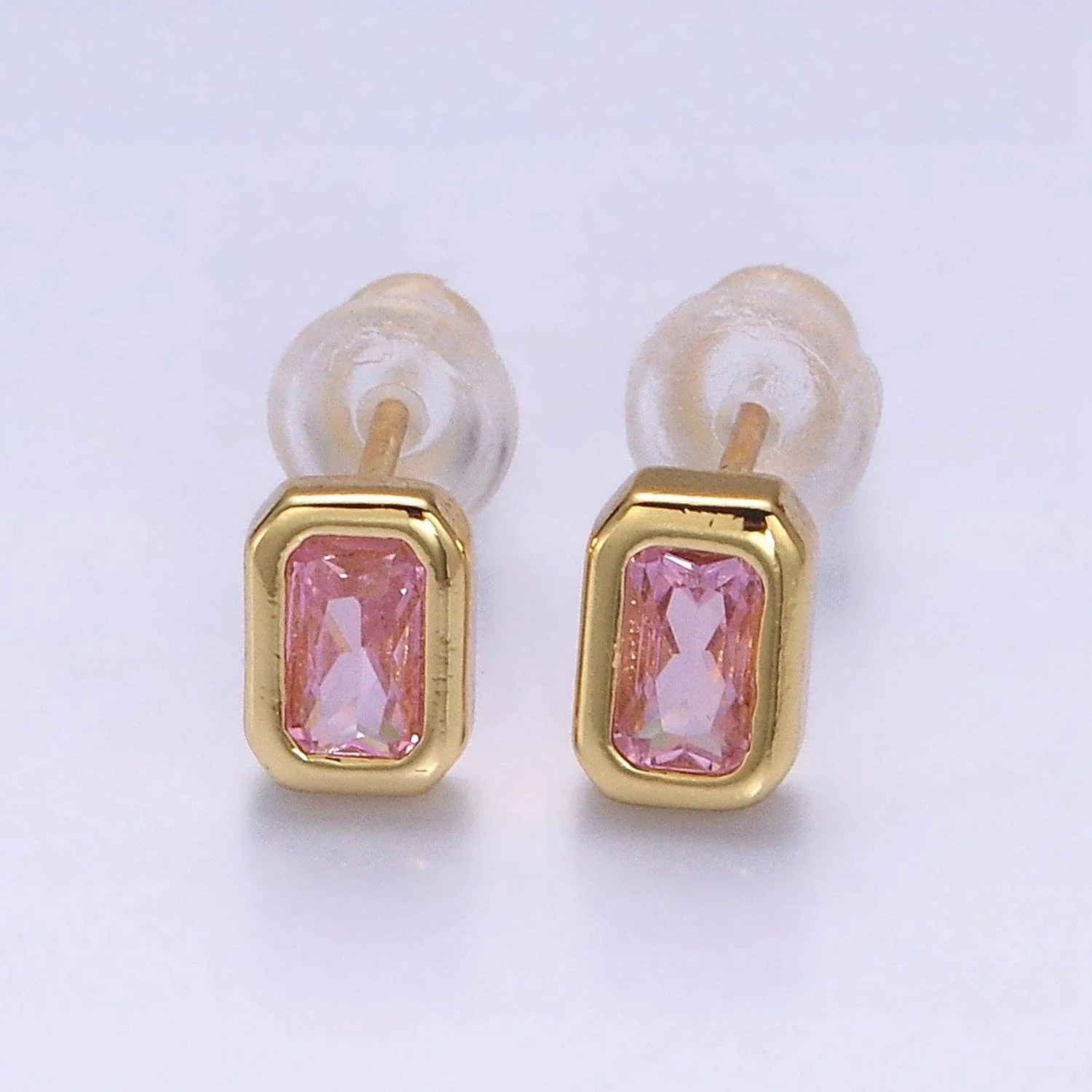 Aim Eternal - Gold Filled Colorful Multifaceted Baguette CZ Stud Earrings: Clear - Image 7