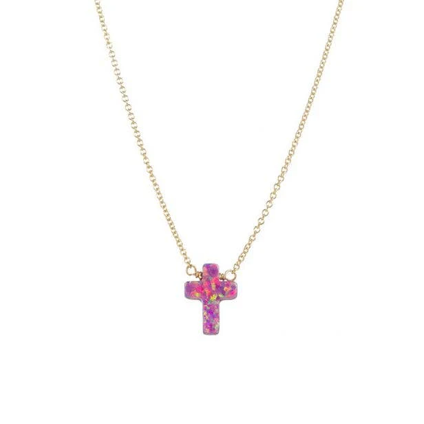 bara boheme - "CROSS" Opal Necklace - Small: Bubble gum / 14KG FILLED