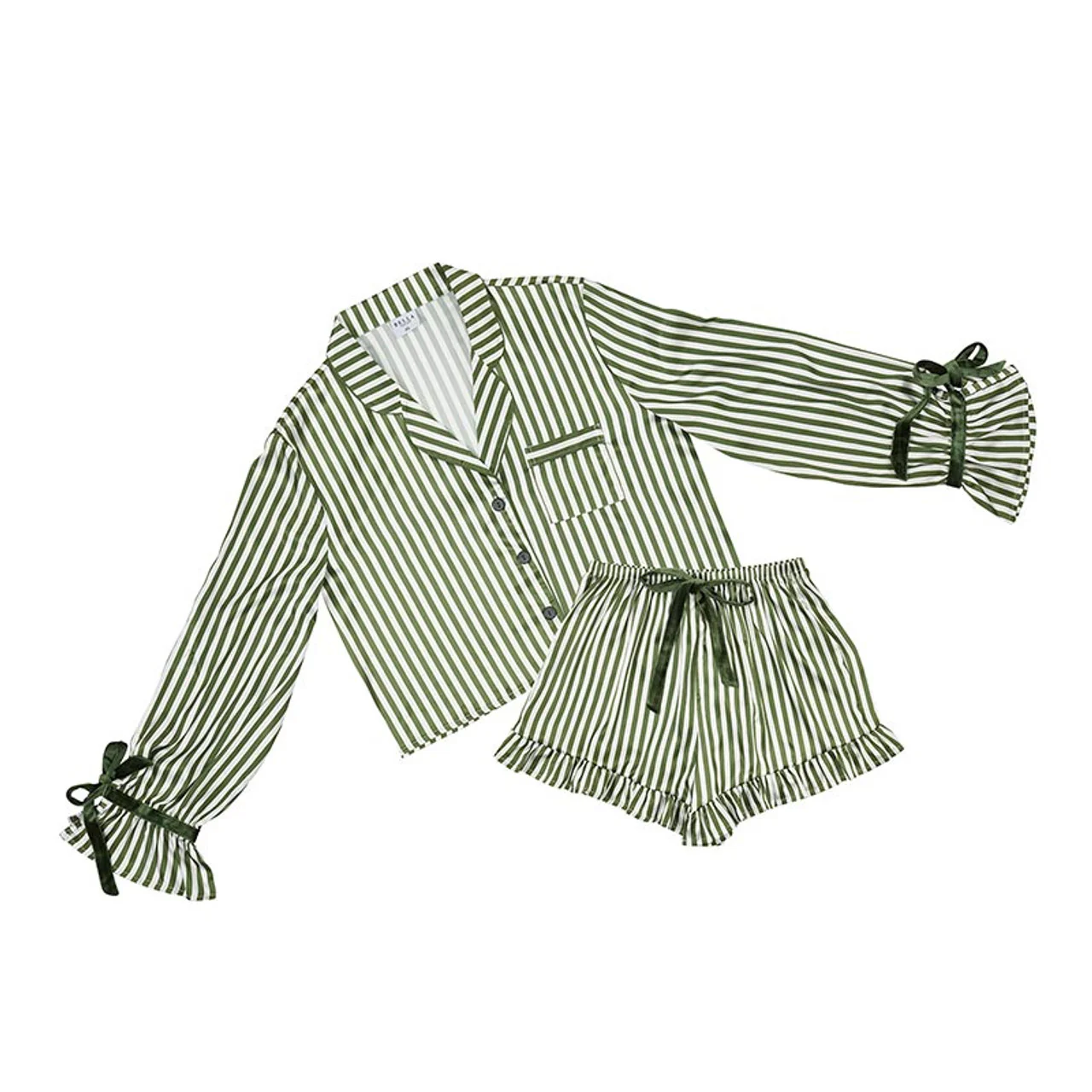 Bella Cropped PJ Set + Velvet Ties - Green Stripe