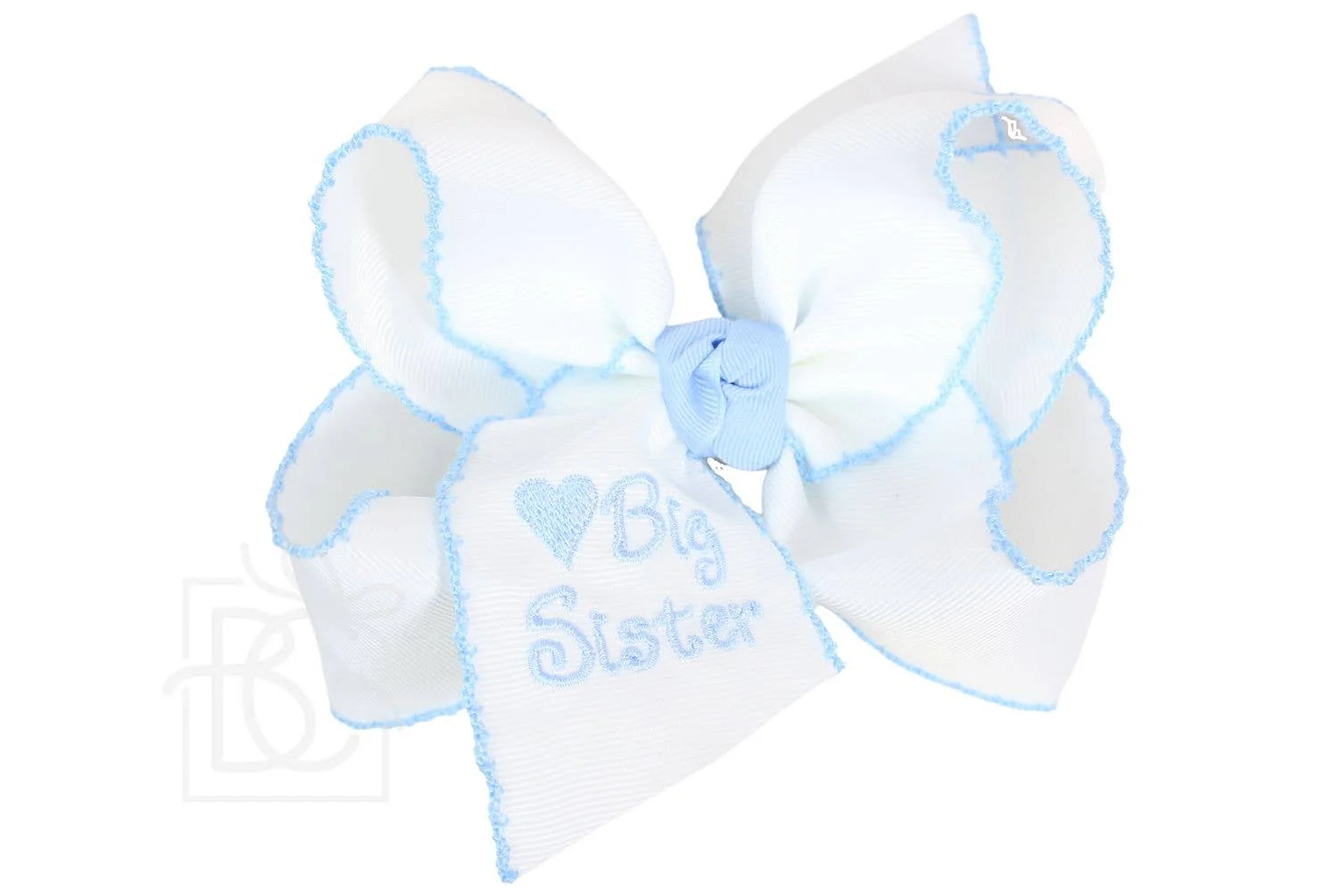 Beyond Creations, LLC - Embroidered Big Sister & Lil Sister Crochet Edge Bow: White w/ Pink Crochet Edge / 4.5" Large / Lil Sister - Image 3