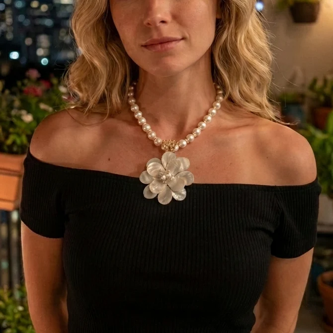 Bijoux Envie Statement Jewelry - Mother of Pearl Flower Necklace | Handmade Statement Jewelry - Image 2