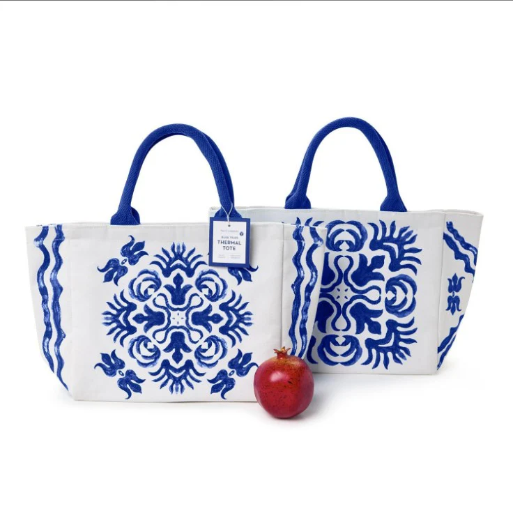 Blue Tile Block Printed Thermal Lunch Tote Bag in 2 Designs - Cotton/Nylon