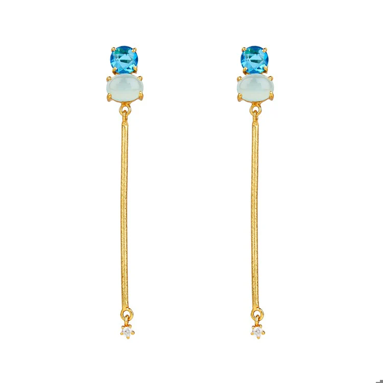 Blue Topaz & Chalcedony gold bar drops