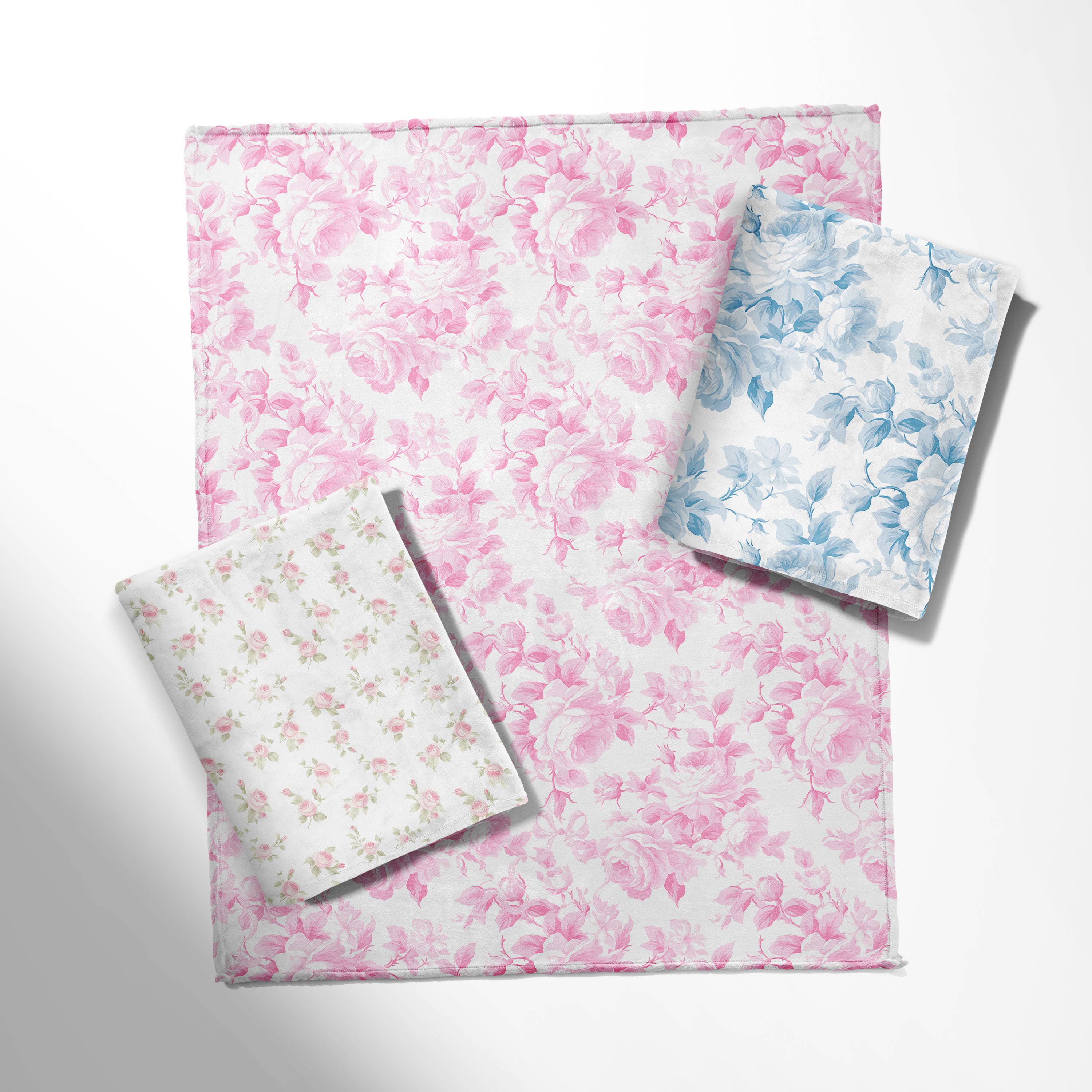Boutique Monogram - Fancy Love Pink and Blue Roses Collection Throw Blanket: Small Roses / Sherpa White / XL 60"x80