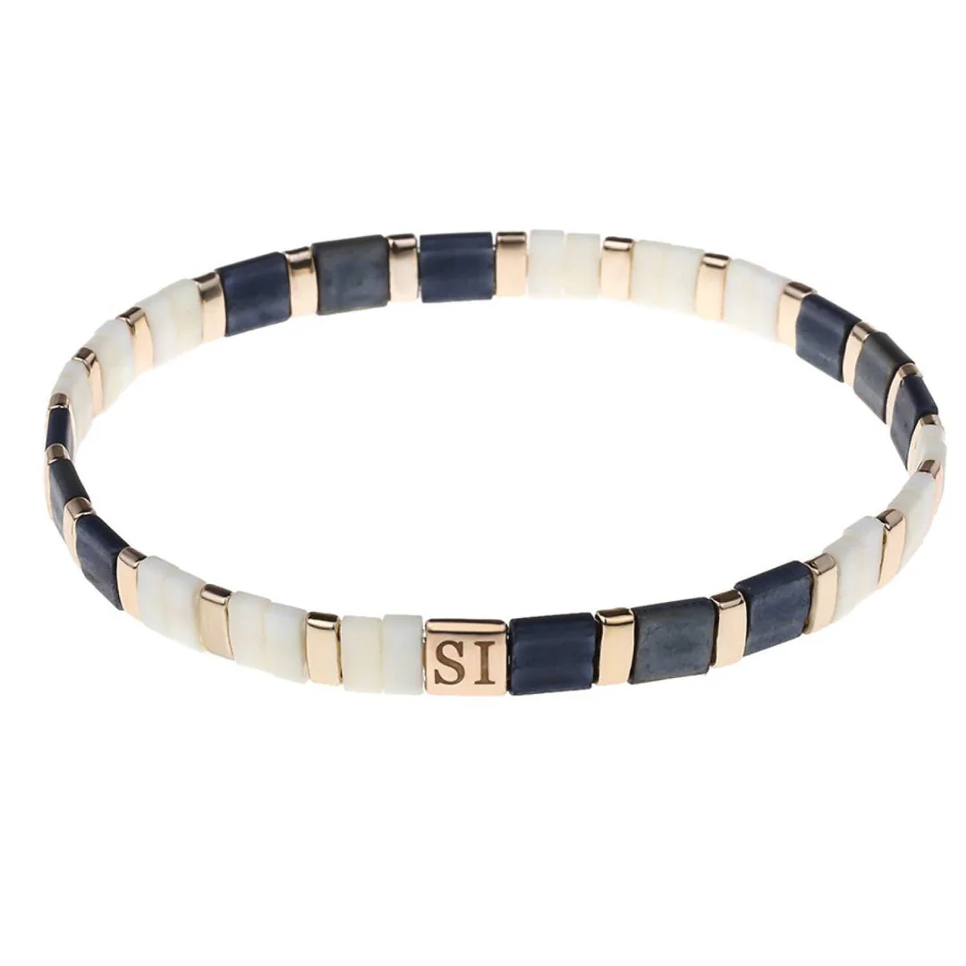 Bracelet - Nicole - Miyuki Tila stretch bracelet, Navy/White