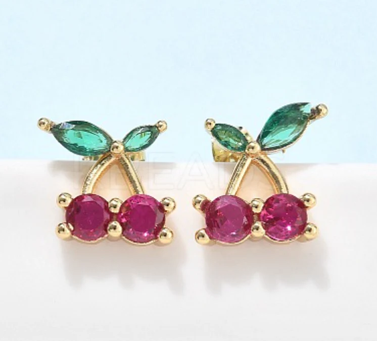 Brass Cubic Zirconia Stud Earrings, Cherry, Real 18K Gold Plated
