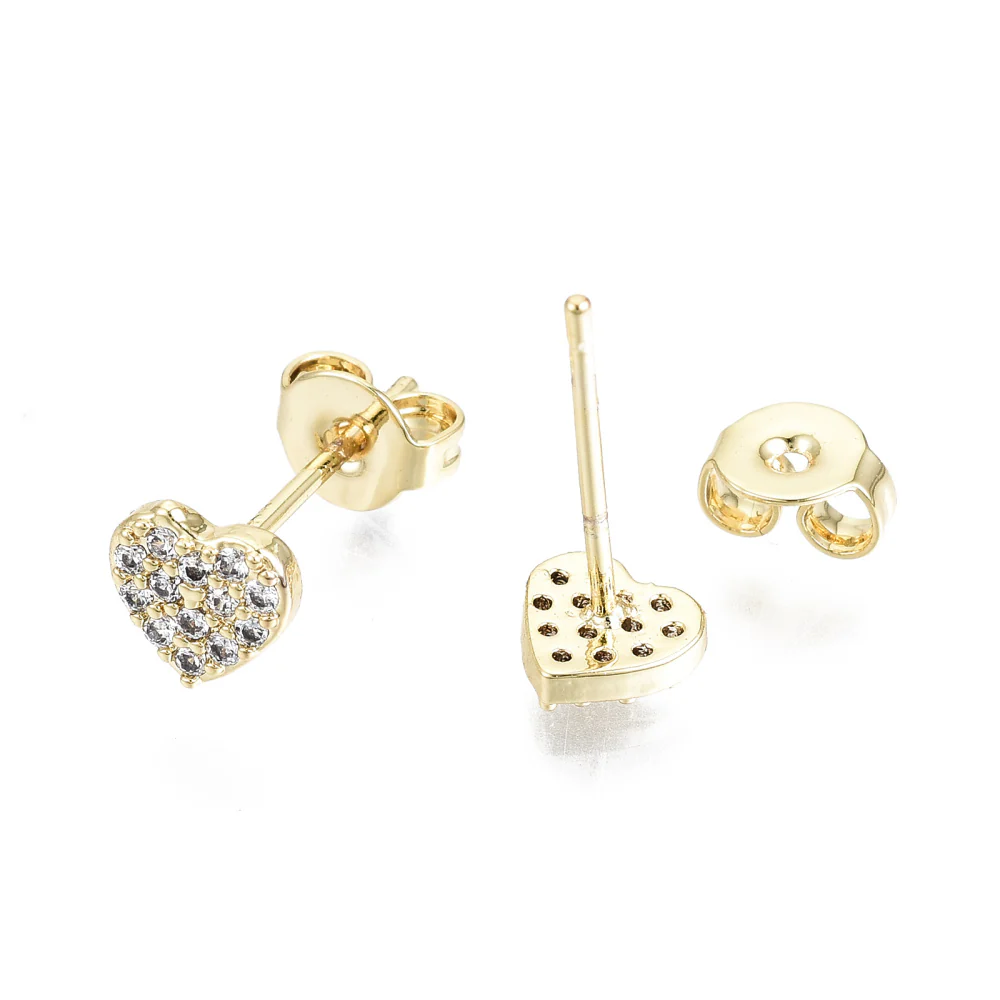 Brass Micro Pave Clear Cubic Zirconia Stud Earrings, with Ear Nuts, Nickel Free, Heart, Real 16K Gold Plated, 5.5x6mm, Pin: 0.8mm - Image 3