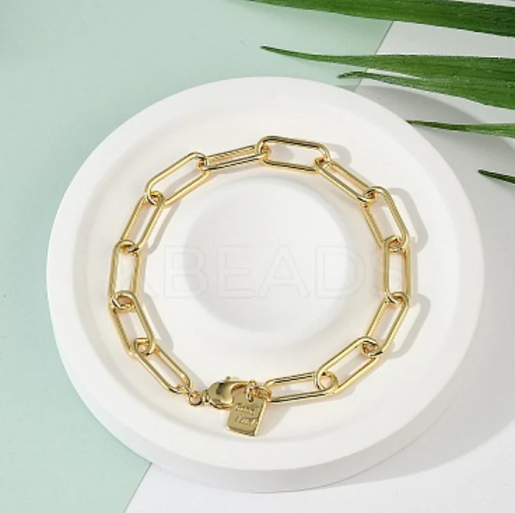 Brass Paperclip Chain Bracelets, with Lobster Claw Clasps, Long-Lasting Plated, Real 18K Gold Plated, 8-5/8 inch