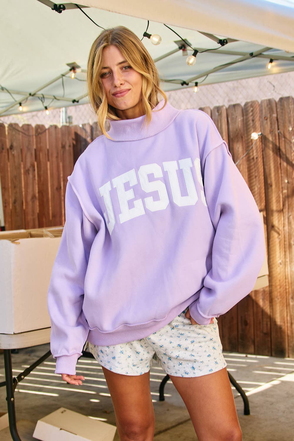 BUCKETLIST INC - IT2594E-JESUS 'JESUS' Embroidered Mock Neck Sweatshirt : LAVENDER / S/M-L/XL (3-3) - Image 6