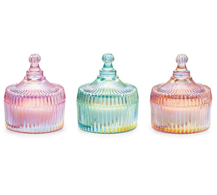 CANDLE IN IRIDESCENT GLASS W/LID ASTD COLORS