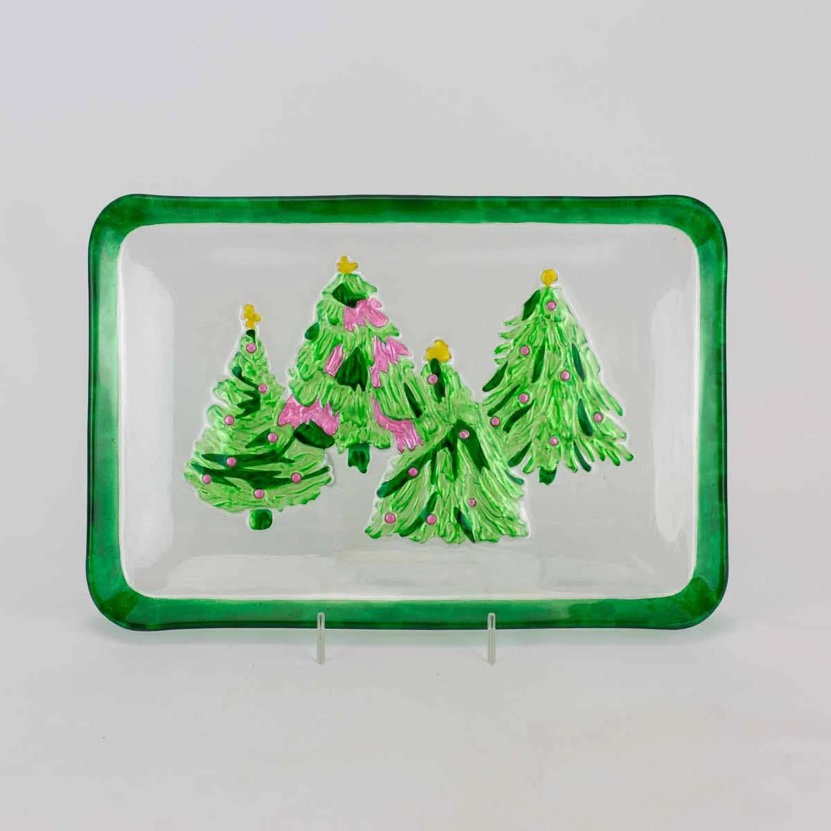 Celebration Tree Glass Platter   Clear/Green/Pink   12x8x1