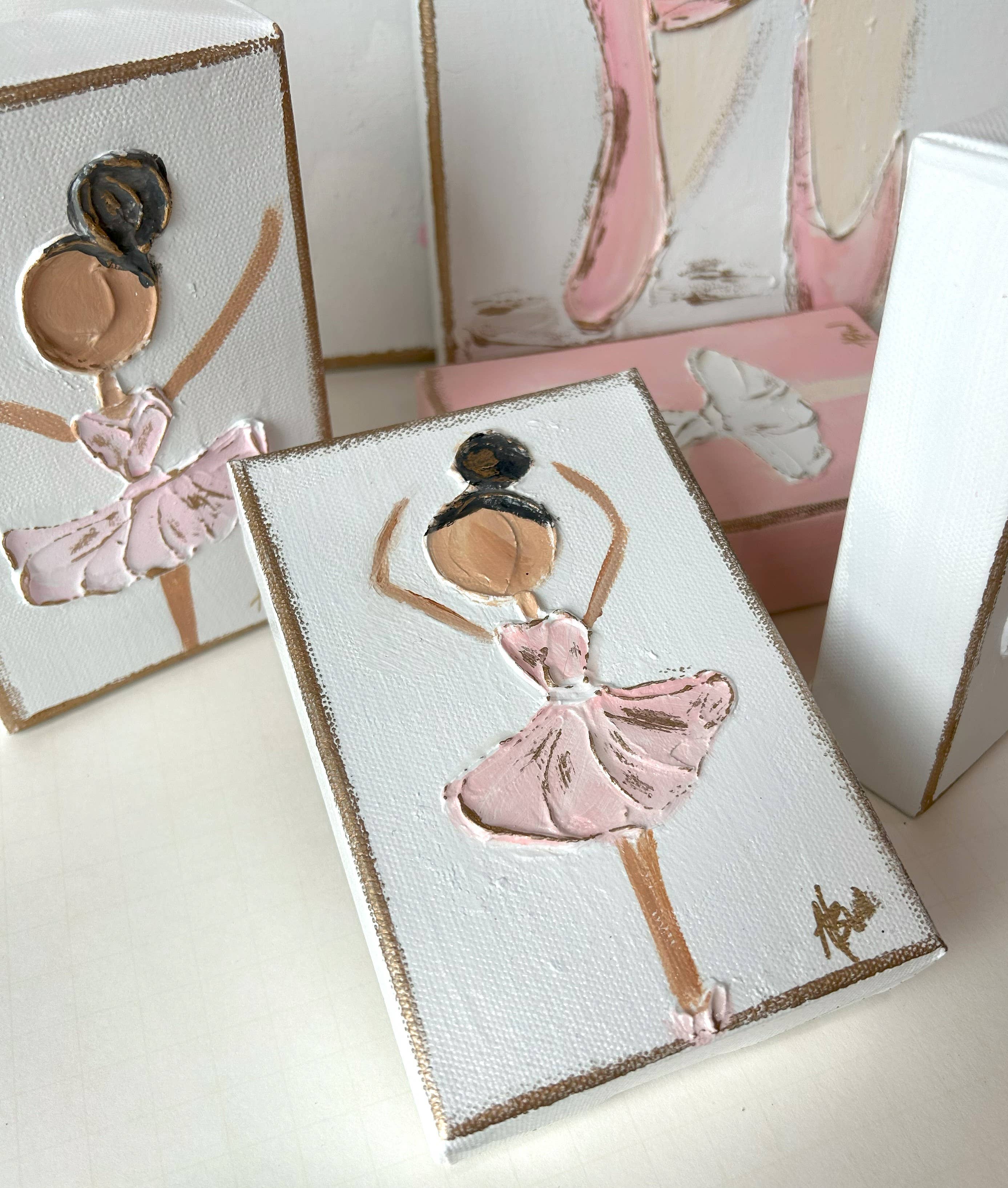 Coddiwomple - Ballerina canvas hand painted textured recital dance ballet: Pink back & white dress / 4x6 gallery profile canvas / Light skin & lt. brown hair - Image 4