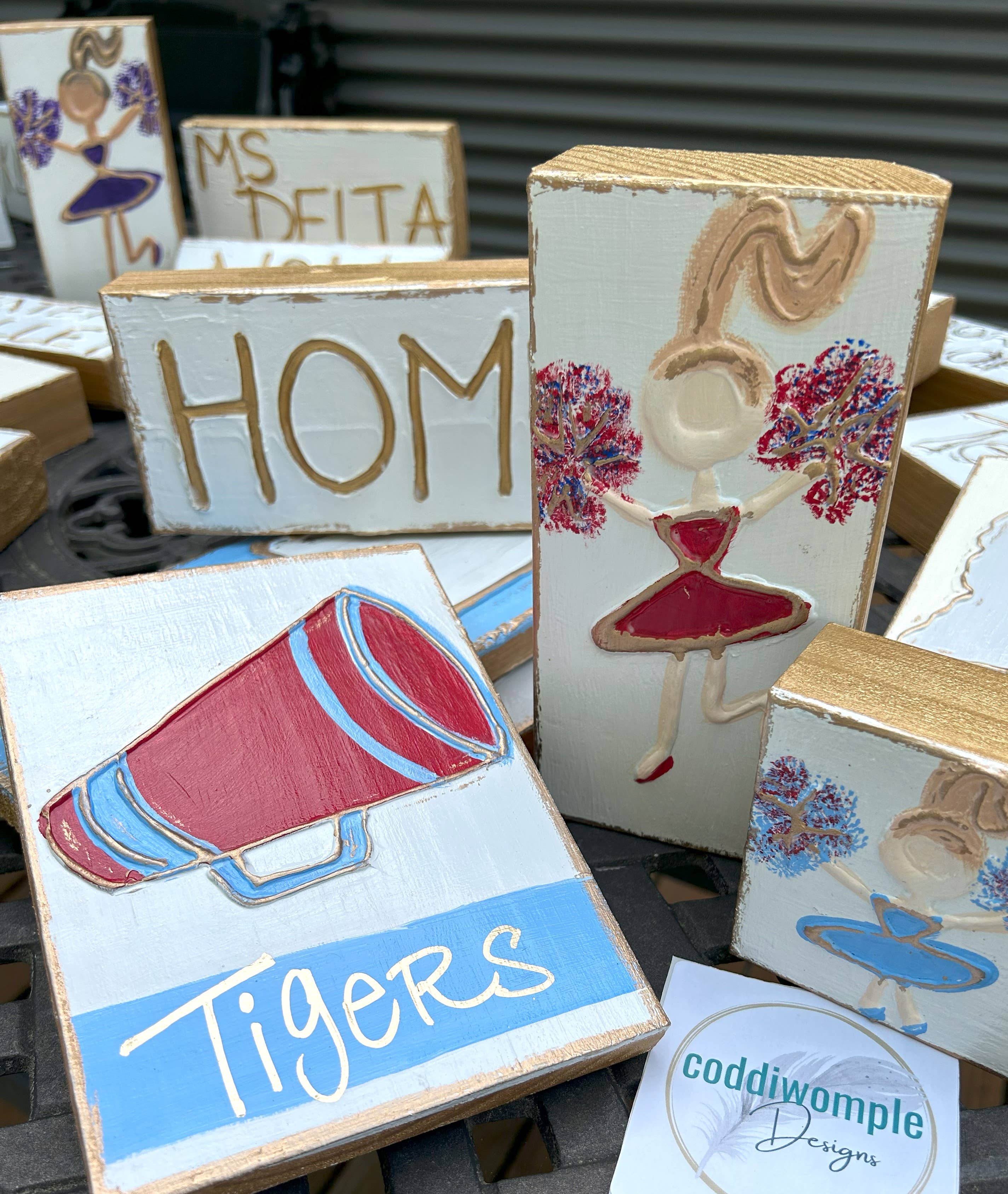 Coddiwomple - Cheer megaphone custom art - w/ school hometown city team: 5x7 Wood panel w/ rope