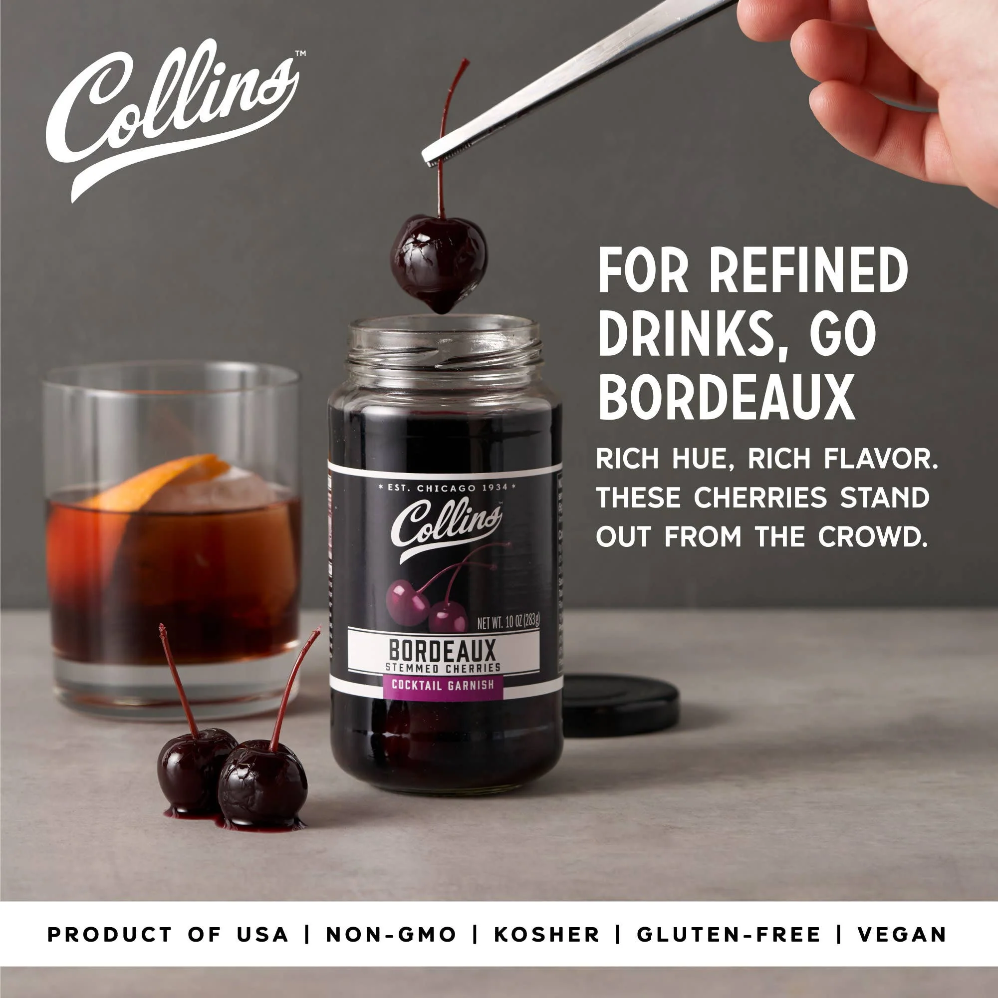 Collins - Bordeaux Stemmed Dark Cherries Cocktail Garnish 10 oz - Image 2