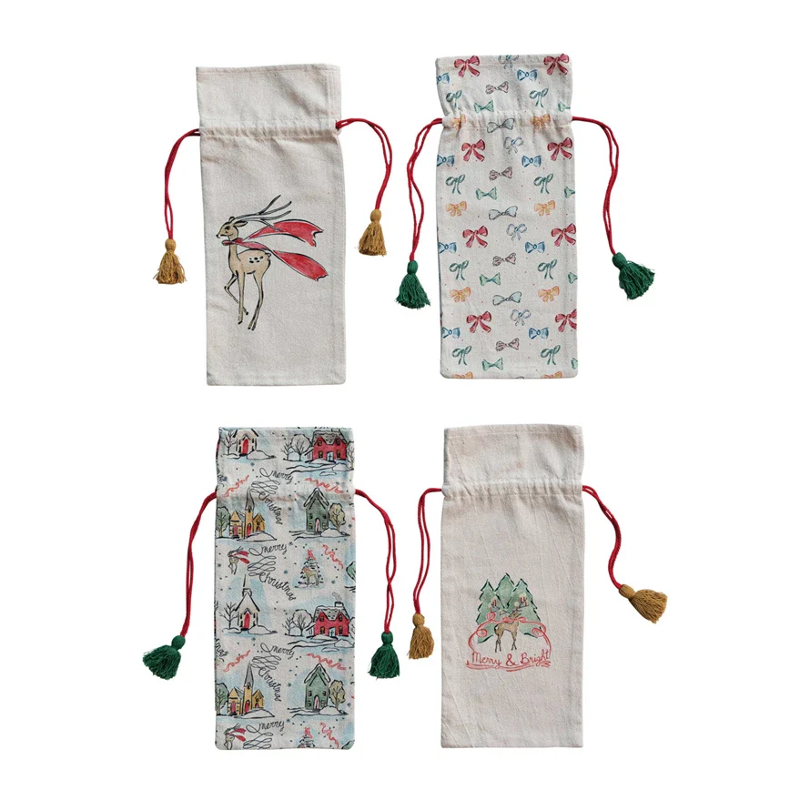 Cotton Chambray Printed Drawstring Wine Bag w/ Tassels, 4 Styles ©