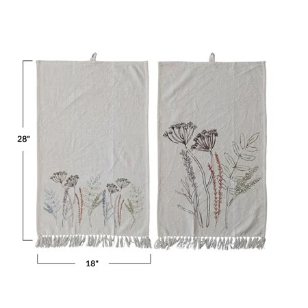 Cotton Printed Kitchen Towel w/ Flowers & Fringe, 2 Styles