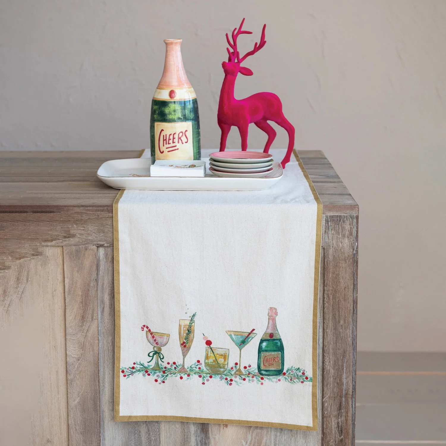 Cotton Printed Table Runner w/ Holiday Cocktails & Gold Trim, Multi Color © - Image 2