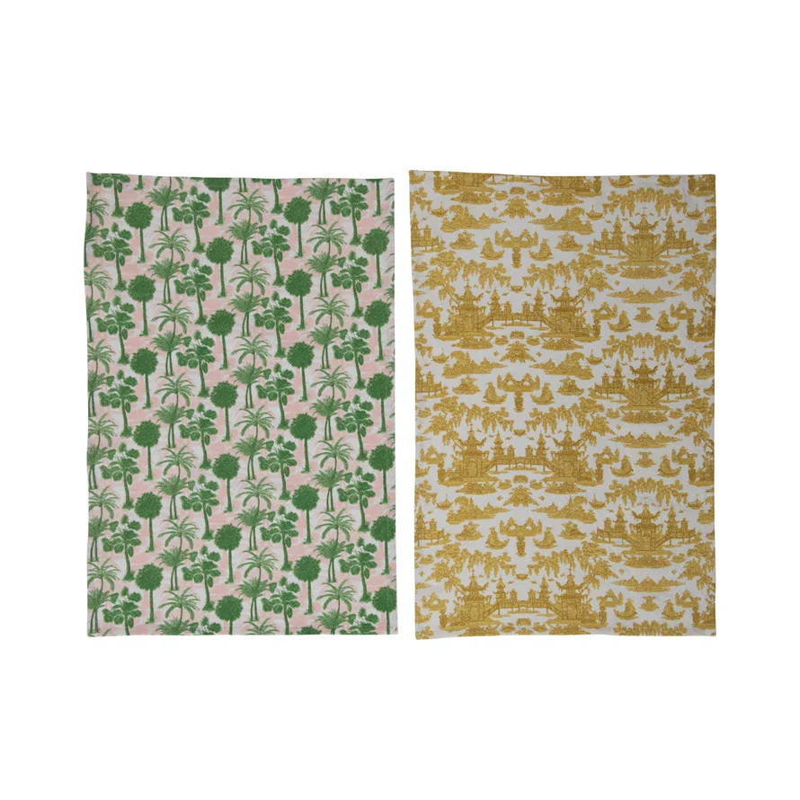 Cotton Printed Tea Towels with Pattern, 2 Colors, 2 Styles