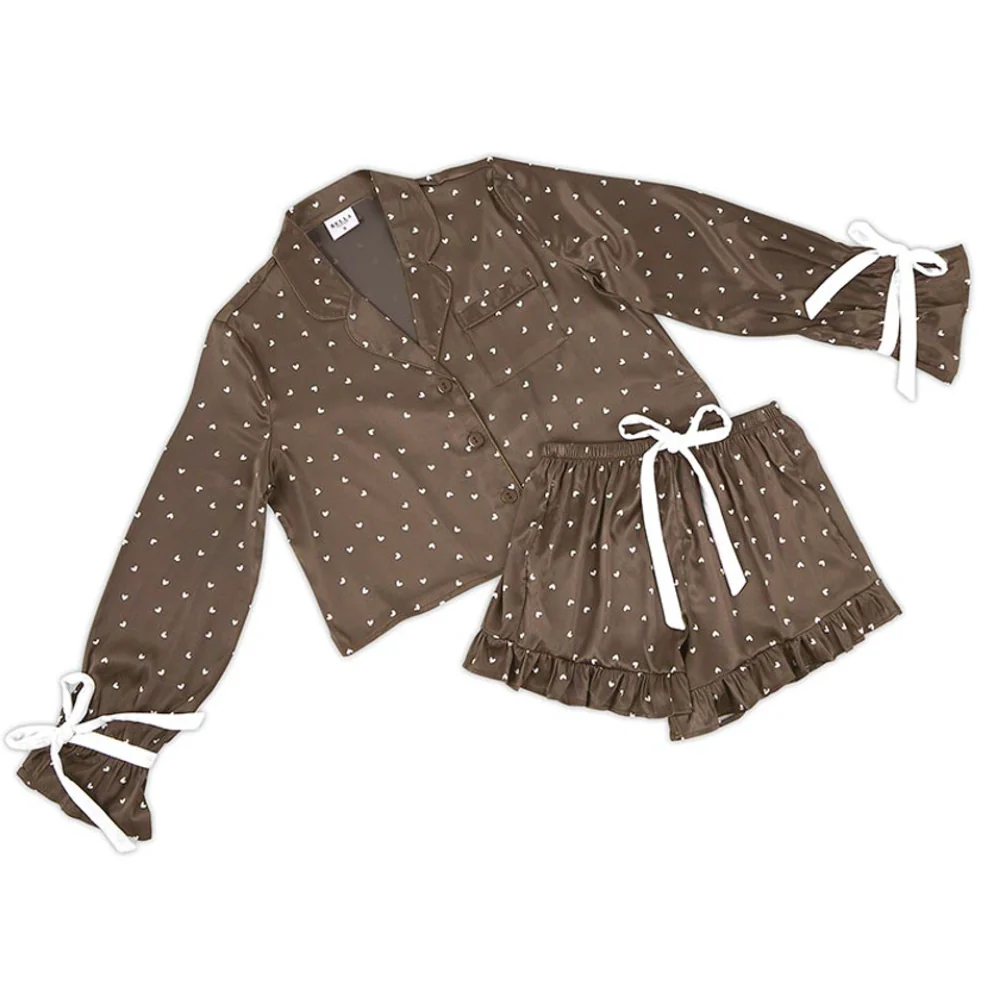 Cropped PJ Set + Velvet Ties - Brown/White Hearts