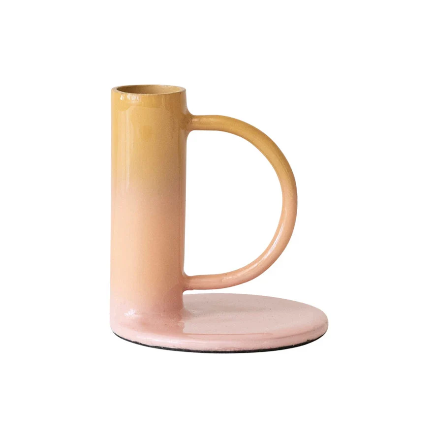Enameled Metal Taper Holder w/ Handle, Yellow & Pink Ombre