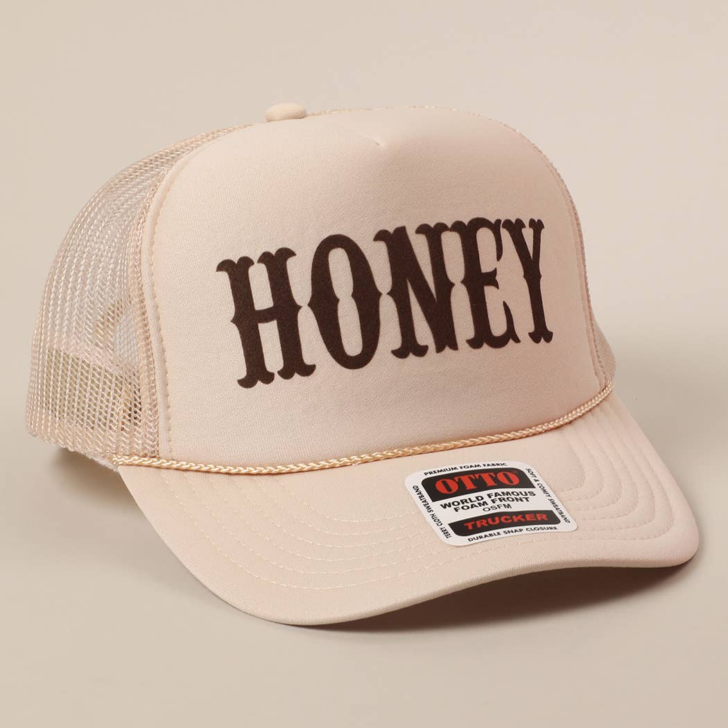 Fashion City - HONEY Text Logo Printed Mesh Back Trucker Hat: Pink / ONE SIZE - Image 25