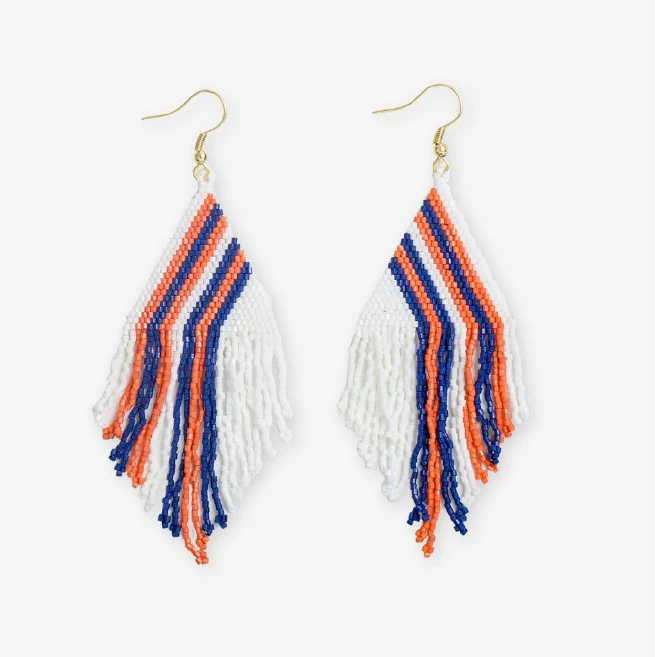 Gameday beaded fringe earrings navy, orange, white
