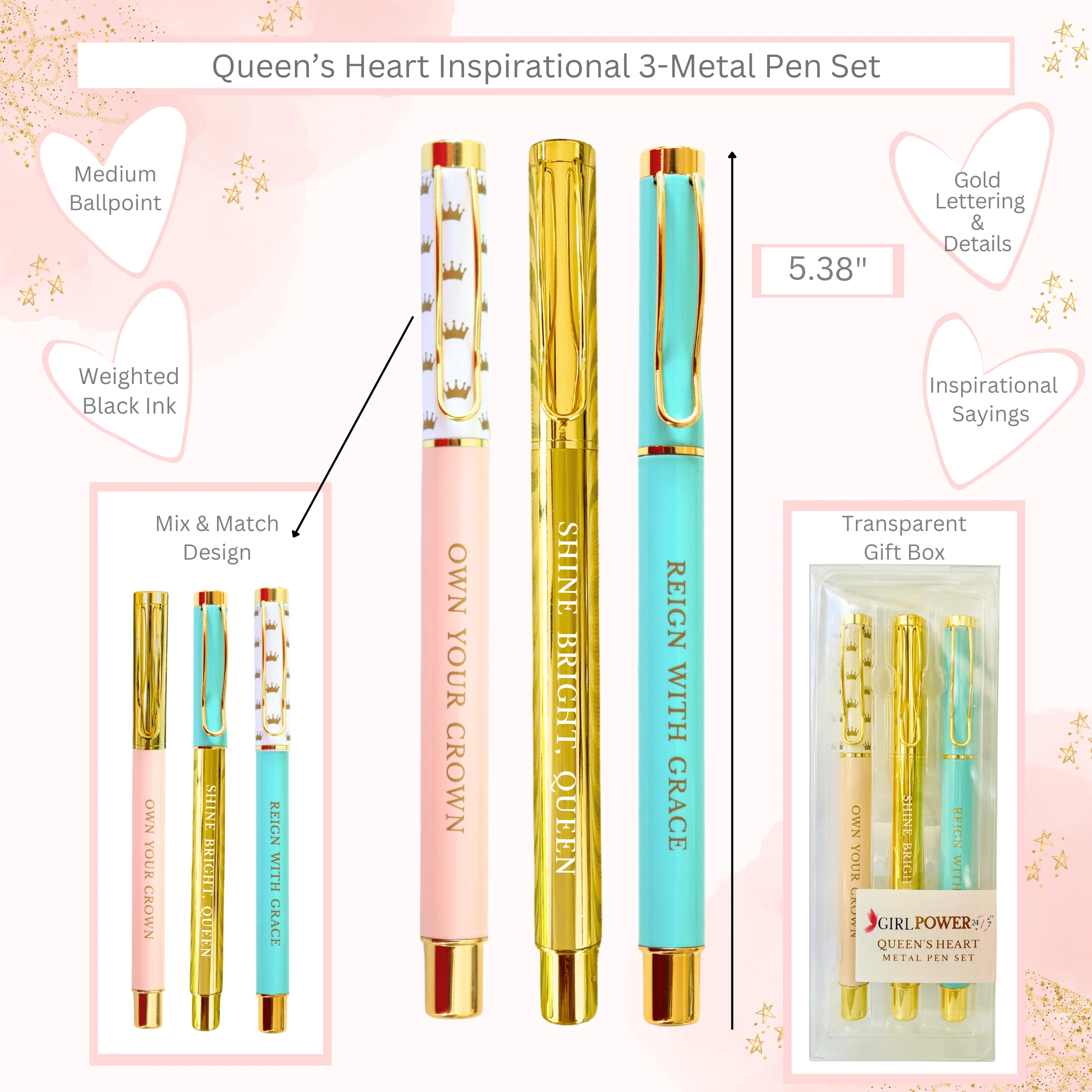 Girl Power 24/7 - Queen’s Heart Inspirational Metal Pen Set of 3 - Image 2