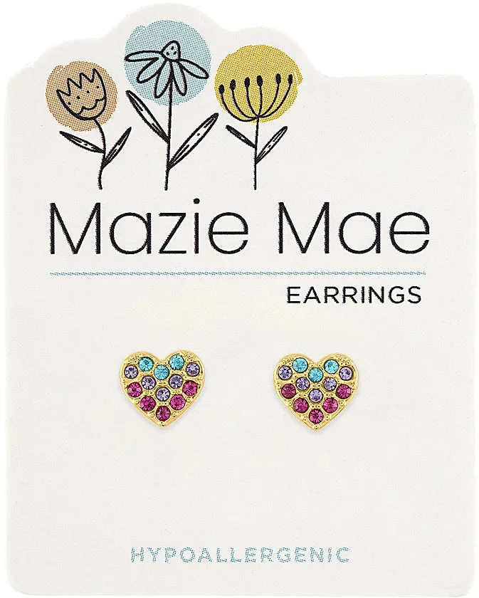 Gold Multi-colored CZ Heart Stud Mazie Mae Earrings