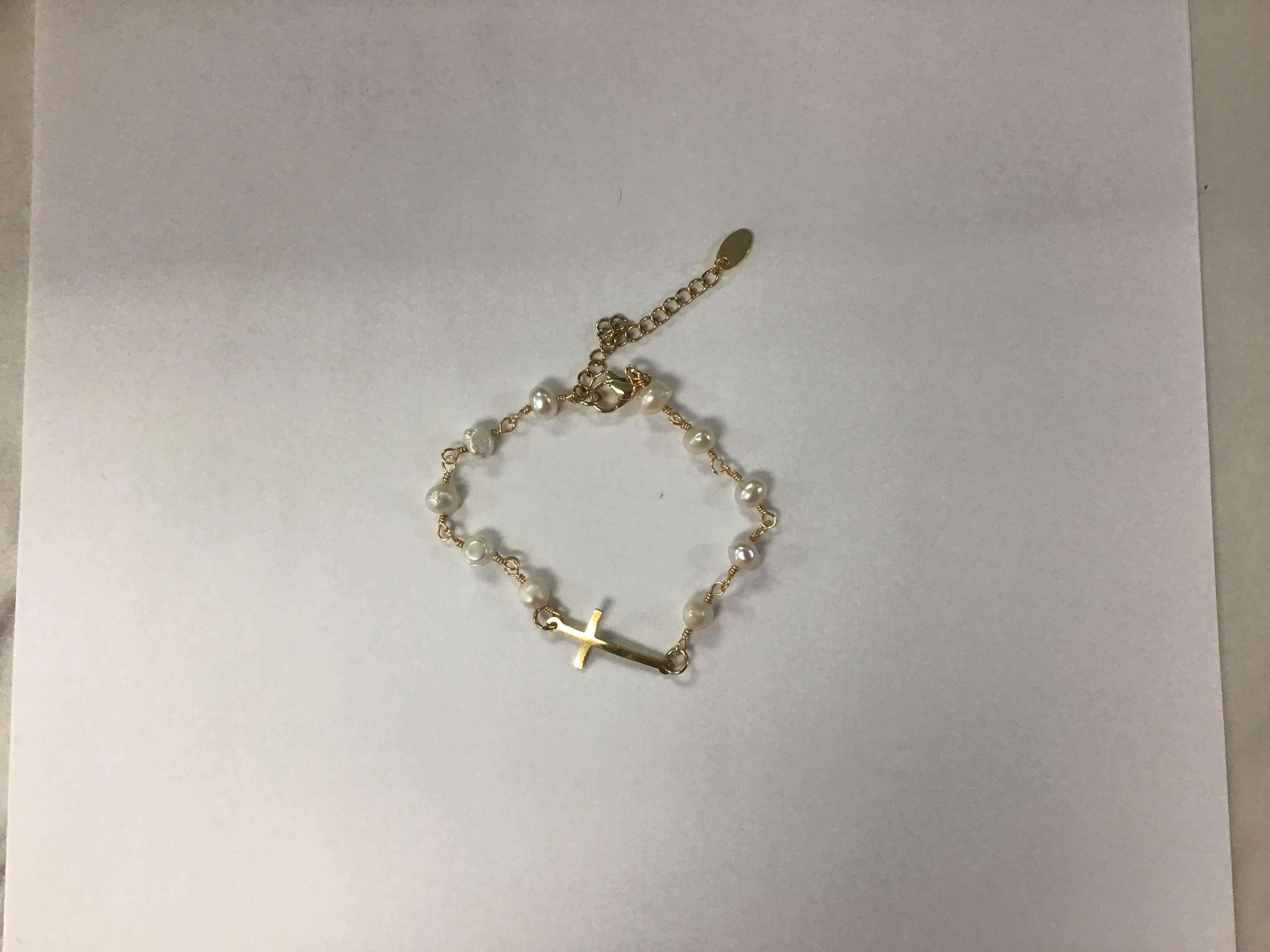 Gold Pearl Cross Bracelet