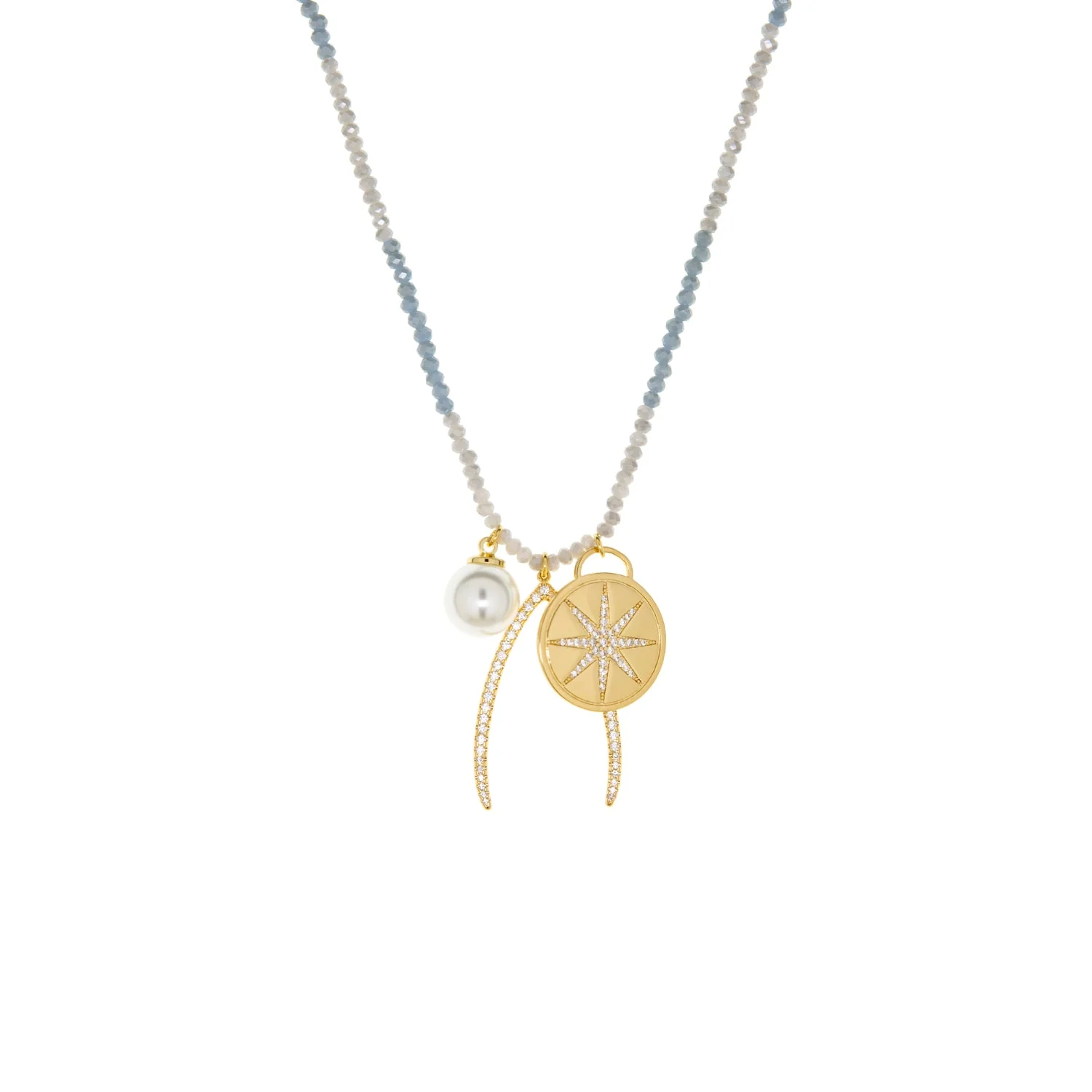 Gold Plated Ice Color Block Crystal Beaded Necklace with Wishbone, Pearl, and Starburst Charm