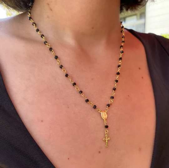 GoldFi - 18k Gold Filled Fashion Rosary Black Crystals Necklace In 18"+ 1.5" Ext Heart Detail On The Back Side, Lady of Grace Medallion And Crucifix