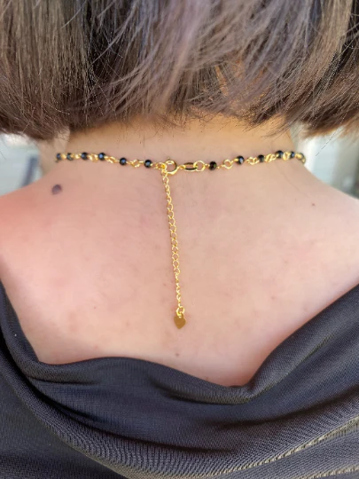GoldFi - 18k Gold Filled Fashion Rosary Black Crystals Necklace In 18"+ 1.5" Ext Heart Detail On The Back Side, Lady of Grace Medallion And Crucifix - Image 2