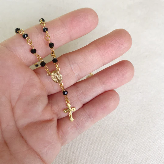 GoldFi - 18k Gold Filled Fashion Rosary Black Crystals Necklace In 18"+ 1.5" Ext Heart Detail On The Back Side, Lady of Grace Medallion And Crucifix - Image 3
