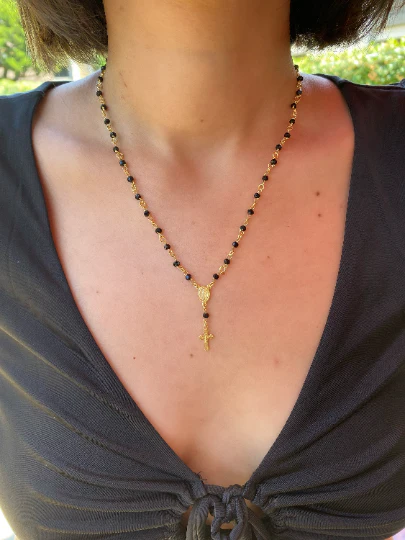 GoldFi - 18k Gold Filled Fashion Rosary Black Crystals Necklace In 18"+ 1.5" Ext Heart Detail On The Back Side, Lady of Grace Medallion And Crucifix - Image 4